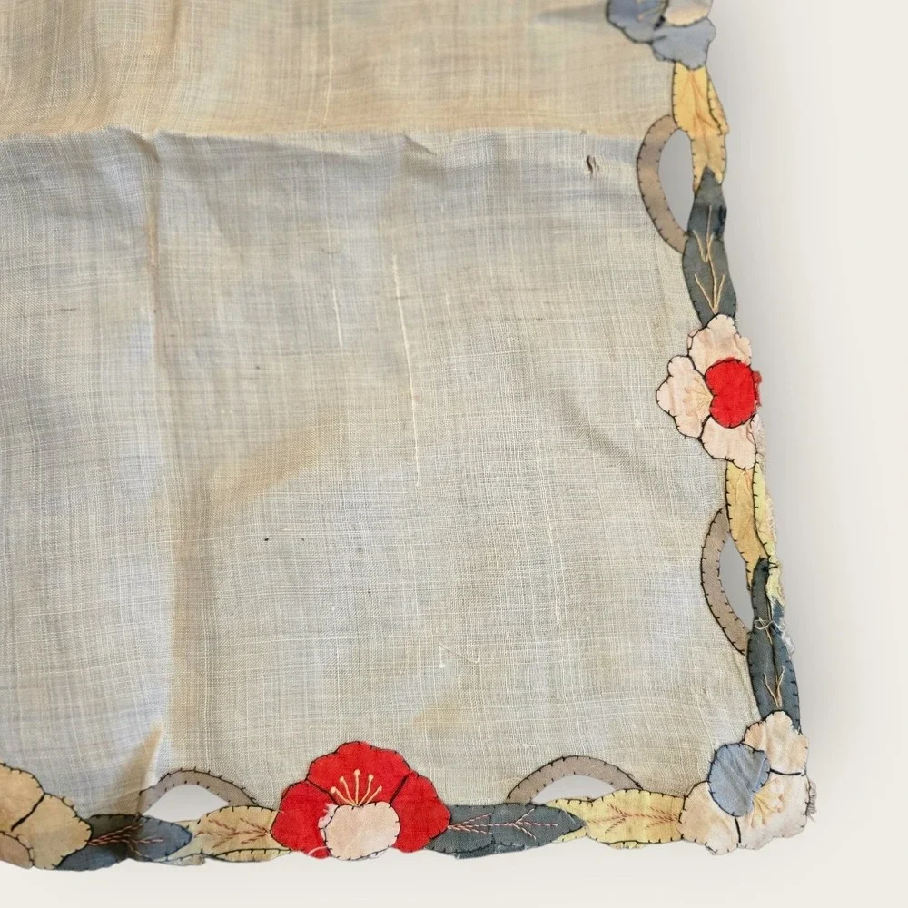 ANTIQUE Floral Linen Table Runner VTG Handmade Table 20th 34x17‎ Cream Applique